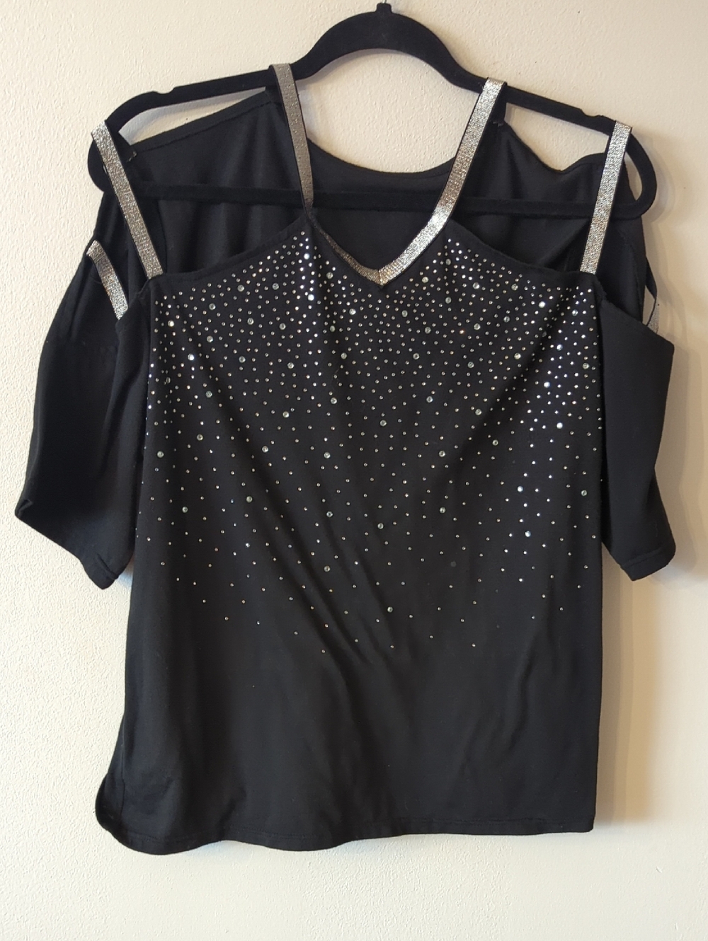 Black Cold-Shoulder Top with Silver Rhinestone Straps 2XL